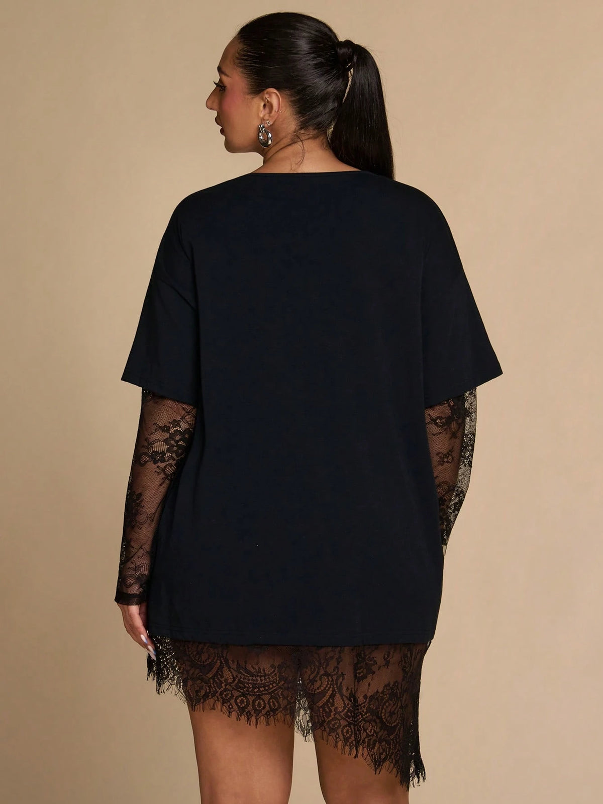 BAE CURVE Plus Size Women's Black Lace Patchwork Top, Casual Eleganza 70's Sexy T-Shirt, Autumn Solid Color Asymmetrical Hem, Party Date Night Cocktail Fall