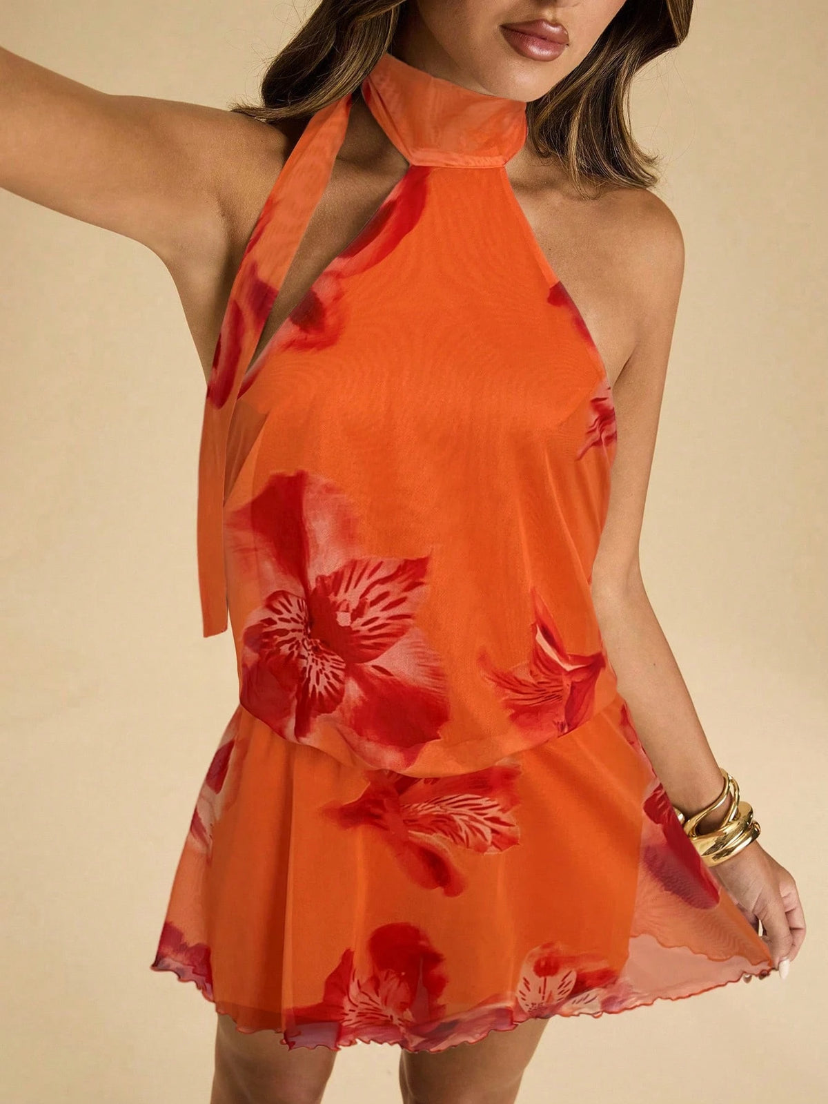 BAE Women's Floral Print Ruffle Hem Halter Neck Mini Dress, Vacation Style,Summer Dress,Vacation Dress