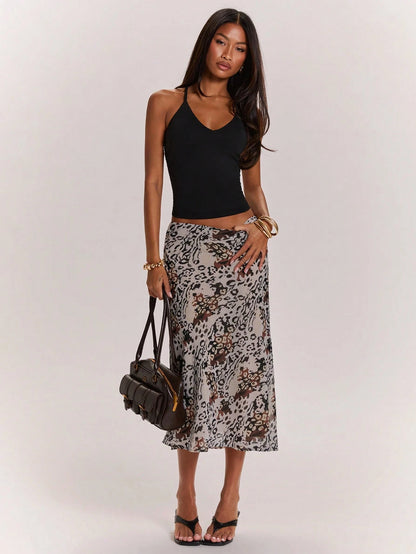 BAE Women's Grey Leopard Print Low-Waist Mid-Length Skirt,Summer Casual Animal Pattern Streetwear For Date,Festival Rave Party Club Y2K Vintage