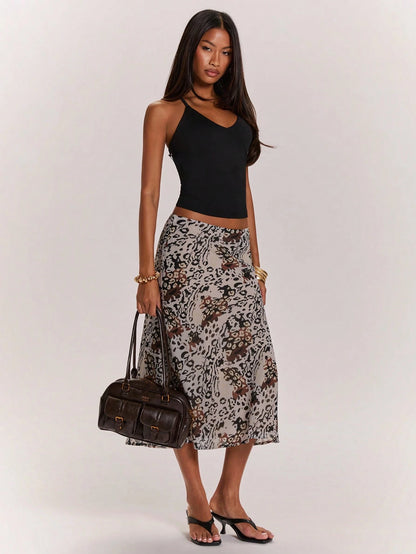BAE Women's Grey Leopard Print Low-Waist Mid-Length Skirt,Summer Casual Animal Pattern Streetwear For Date,Festival Rave Party Club Y2K Vintage