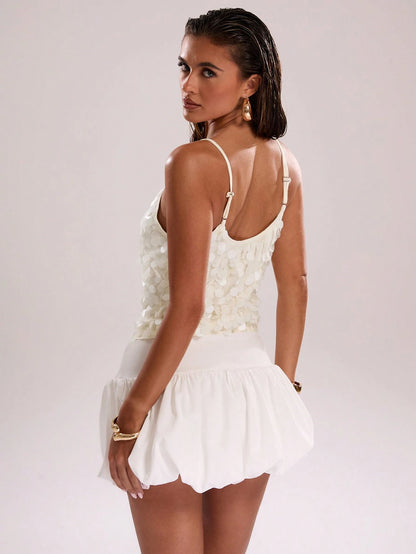 BAE Women's White Woven Sequin Party Cami Top With Spaghetti Straps And Bubble Hem