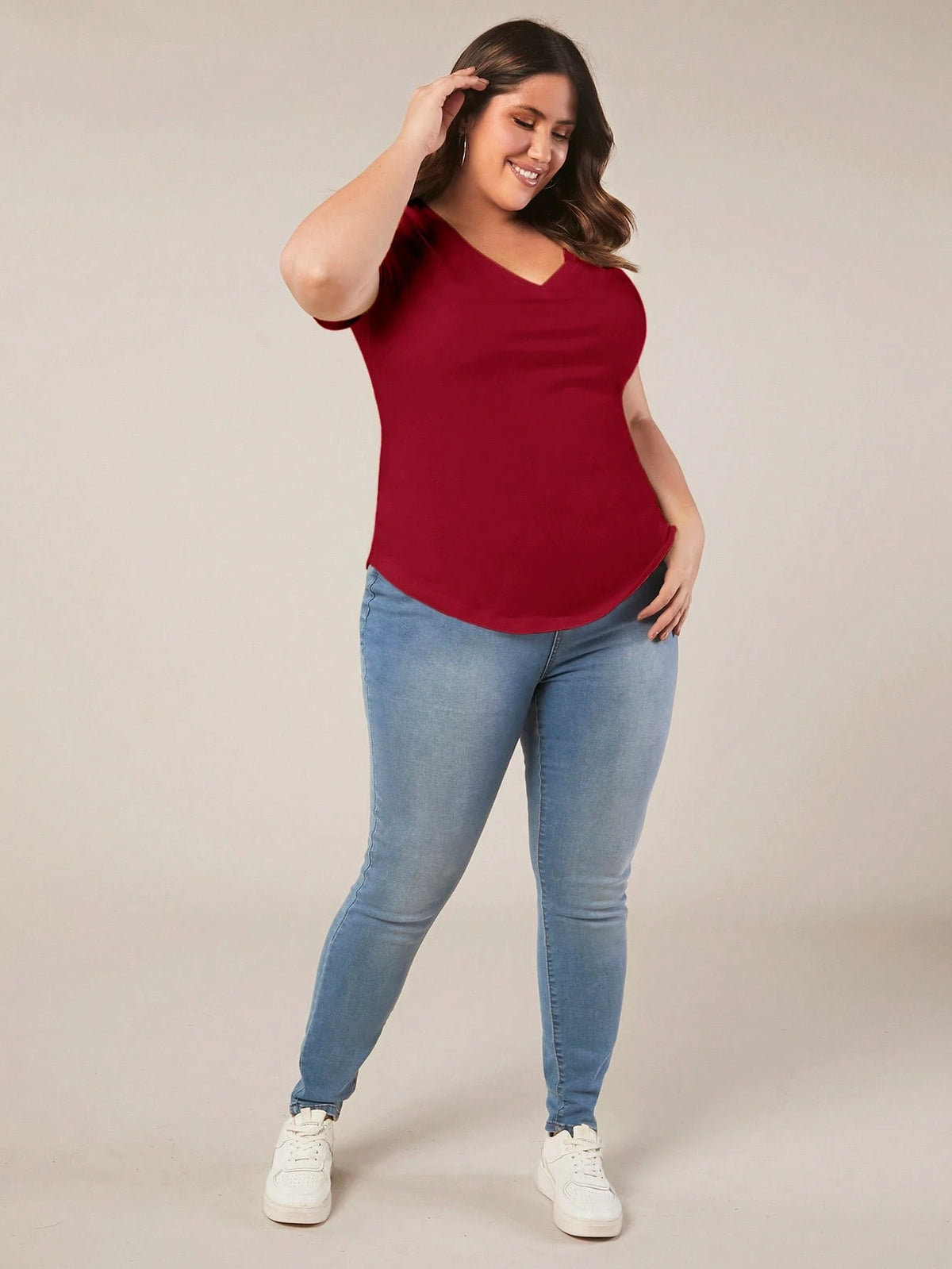 BASICS Plus Size Solid V Neck Tee Summer Tops Club Party Rodeo Dinner Formal Date Night Brunch Office Burgundy Casual Traditional Elegant