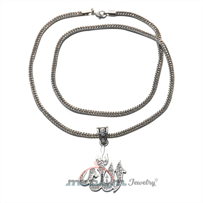 Beautiful Silver Allah Pendant with Rhinestones Fox Chain