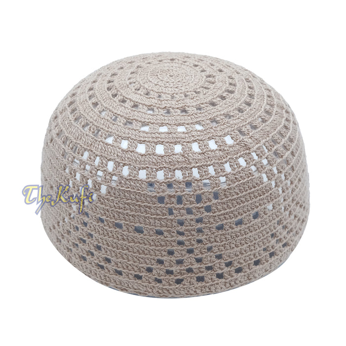 Beige Crocheted - Open-Weave Diamond Design Stretchable Kufi