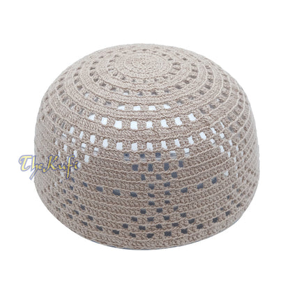 Beige Crocheted - Open-Weave Diamond Design Stretchable Kufi