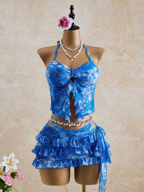 Bellisia Women's Summer Vacation Beach Tie-Dye Ruffle Halter Bikini Set With Cover-Up Skirt