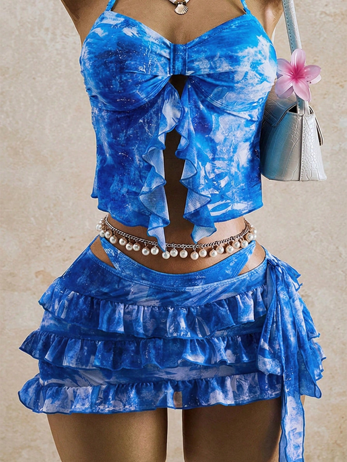 Bellisia Women's Summer Vacation Beach Tie-Dye Ruffle Halter Bikini Set With Cover-Up Skirt