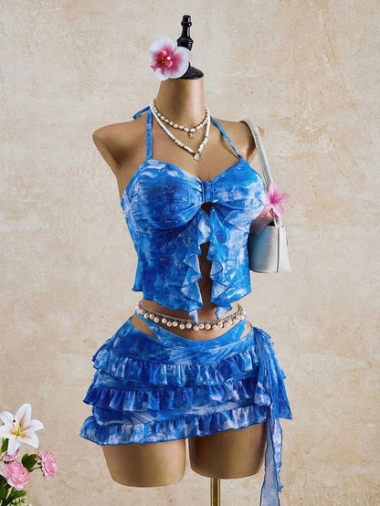 Bellisia Women's Summer Vacation Beach Tie-Dye Ruffle Halter Bikini Set With Cover-Up Skirt