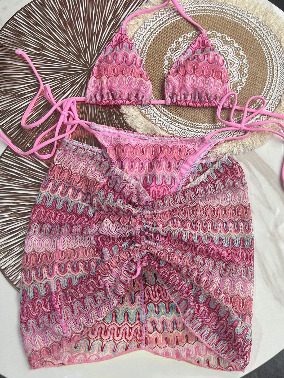 Bikinx Women's Wavy Pattern Backless Sexy Bikini Set With Cover-Up Skirt, Suitable For Summer Beach Vacation Pink, Resort Wear