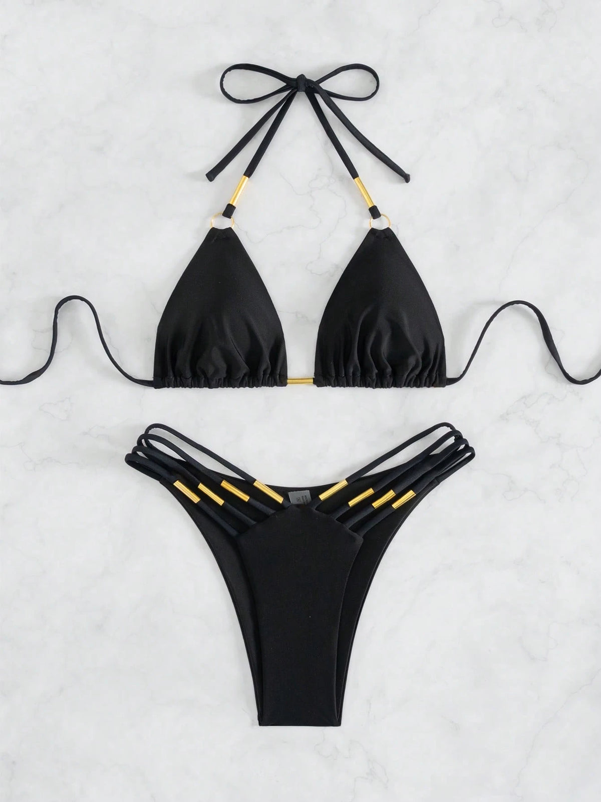 Black Metal Decor Women's Swimwear Set, Island Beach Resort Triangle Bikini Halter Swimwear For Pool Party, Music Festival Vacation Summer