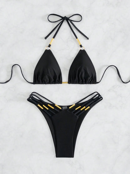 Black Metal Decor Women's Swimwear Set, Island Beach Resort Triangle Bikini Halter Swimwear For Pool Party, Music Festival Vacation Summer