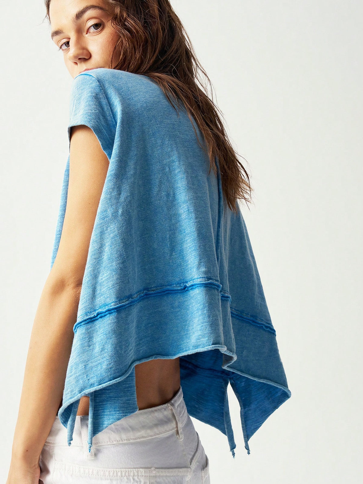 Bohemela Women Casual Solid Color Knitted Round Neck Short Sleeve Asymmetrical Hem T-Shirt