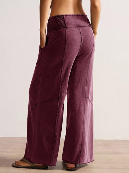 Bohemela Women's Casual Solid Color Knit Loose Wide Leg Washed Pants