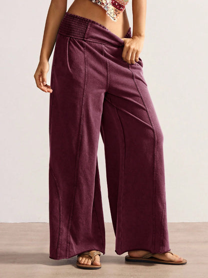 Bohemela Women's Casual Solid Color Knit Loose Wide Leg Washed Pants