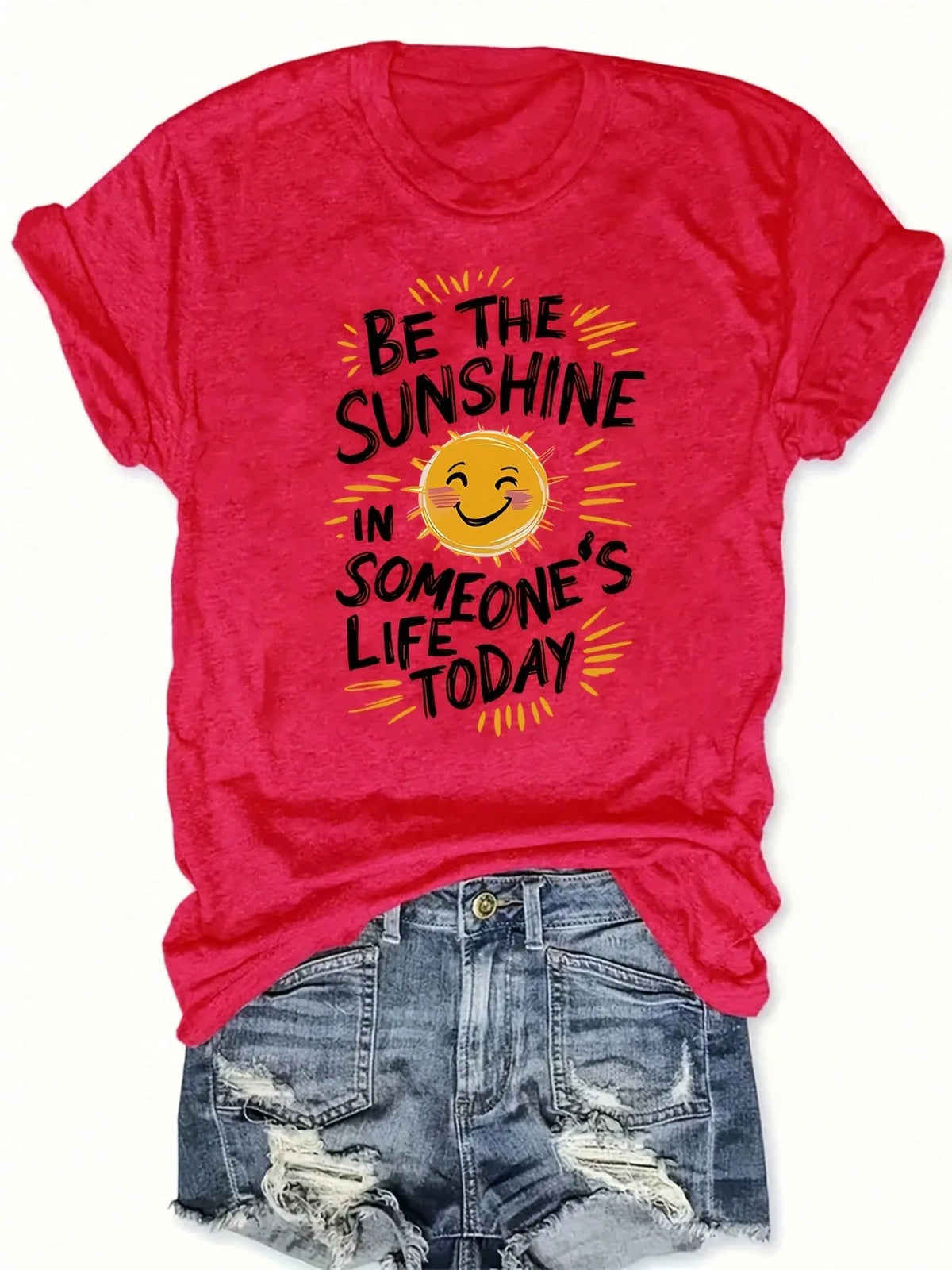 Bright Red Oversized Tee, Be The Sunshine Inspirational Sun Print Soft Cotton Retro Positive Casual Summer T-Shirt
