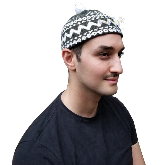 Buy 1 Get 1 Free! Warm Beanie Kufi Winter Hat with Ball Top - Army Green Cotton-Blend Zigzag Style