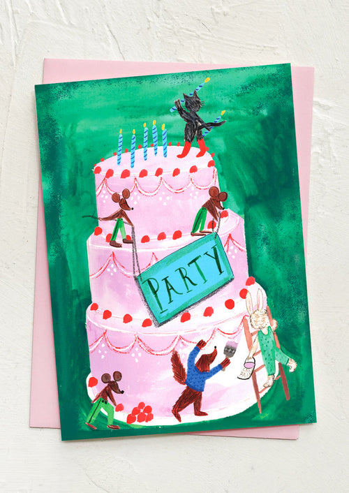Birthday card with a cake illustration on a textured white background