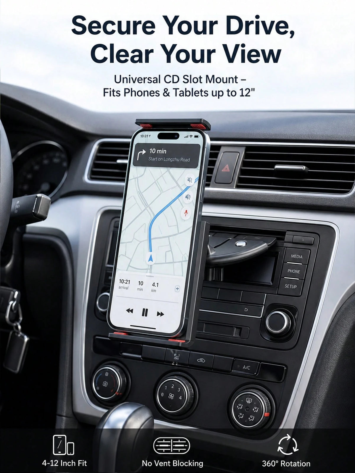 Car CD Slot Phone Holder- Adjustable Car CD Player Phone Mount, Universal Hands-Free Smartphone And Small Tablet Holder, Non-Slip Clip, Stable Viewing, No Air Vent Obstruction, Stable Dashboard Mount