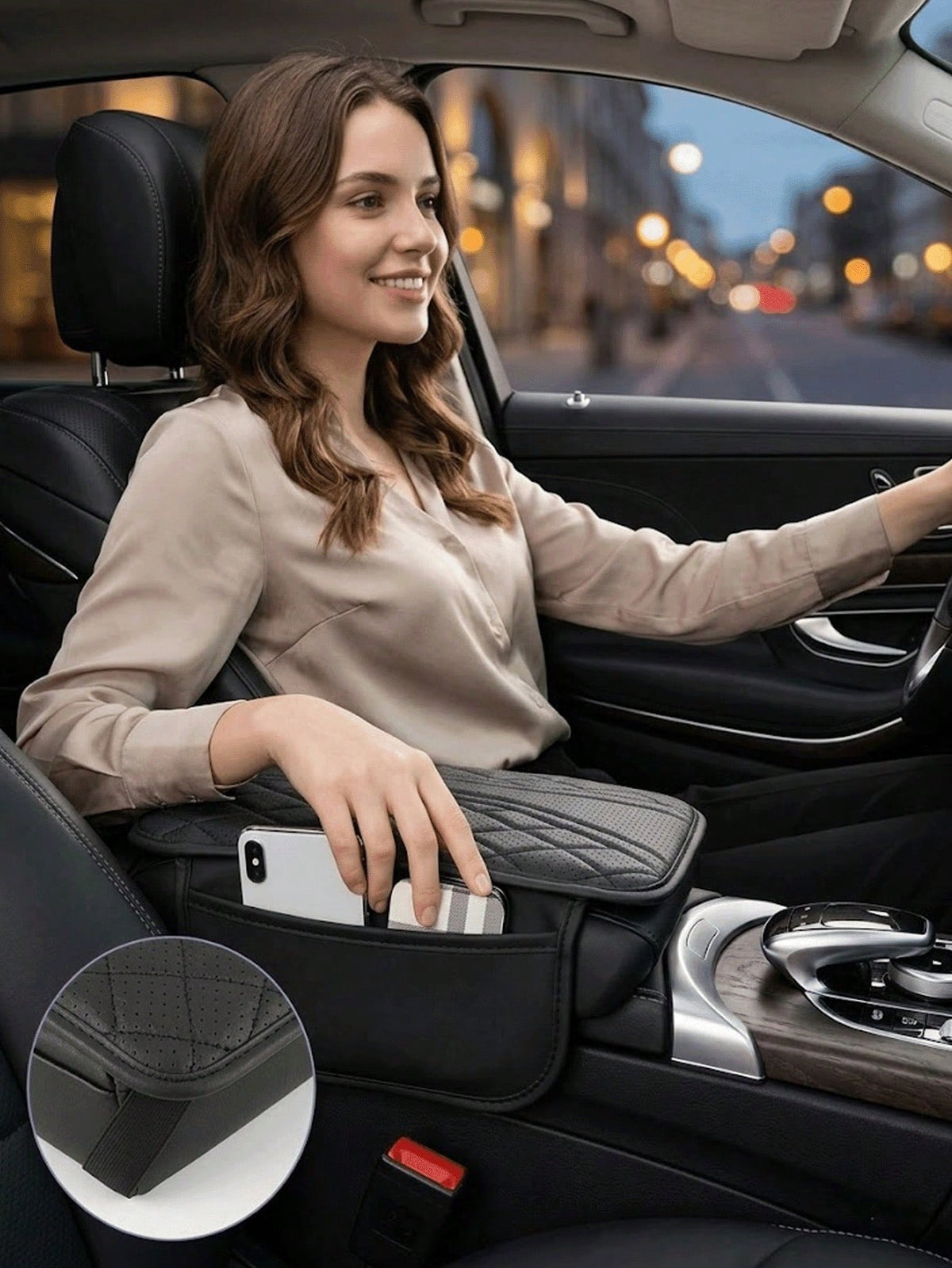 Car Center Console Cover- Universal Car Interior Accessory With 2 Storage Pockets- Premium Nappa Leather Armrest Cover, Scratch-Resistant, Wear-Resistant, Waterproof, Suitable For SUV, Sedan, Truck