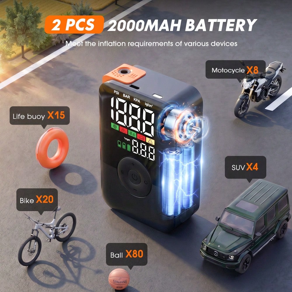 CARSUN Portable Wireless Color Screen Digital Tire Pressure Inflator, 150PSI, With LED Lighting, 22 Cylinder High Power Air Pump, Wireless Tire Inflator, Suitable For Cars, Motorcycles, Bicycles, Blac
