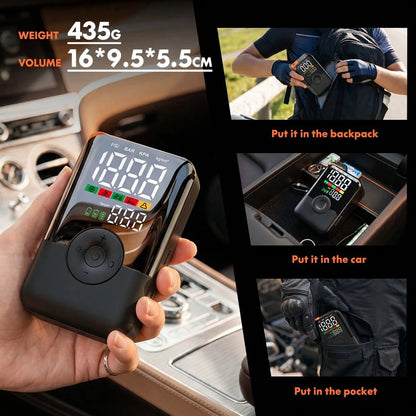 CARSUN Portable Wireless Color Screen Digital Tire Pressure Inflator, 150PSI, With LED Lighting, 22 Cylinder High Power Air Pump, Wireless Tire Inflator, Suitable For Cars, Motorcycles, Bicycles, Blac