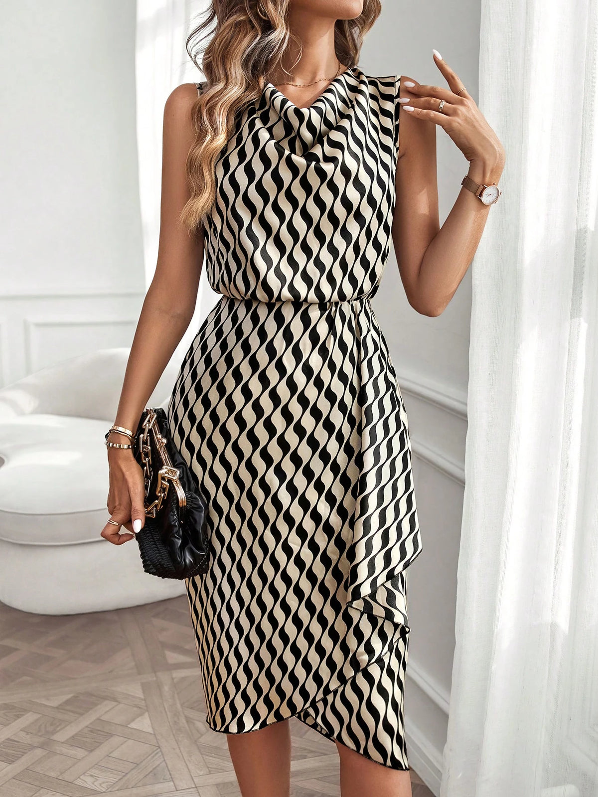 Clasi Allover Print Draped Front Asymmetrical Hem Dress Maxi Women Outfit