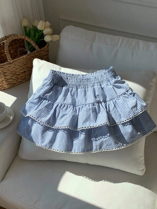 Comfortcana Women's A-Line Skirt, Blue And White Stripe Woven Fabric With Elastic Waist And Ruffle Hem, Suitable For Country Music Festival Beach Autumn Cute