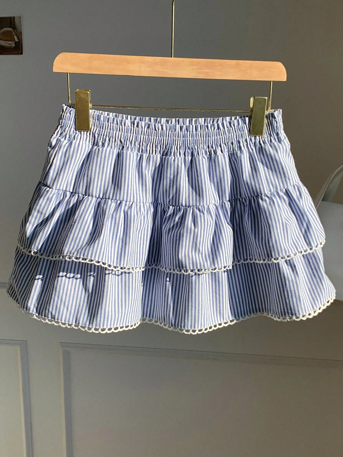 Comfortcana Women's A-Line Skirt, Blue And White Stripe Woven Fabric With Elastic Waist And Ruffle Hem, Suitable For Country Music Festival Beach Autumn Cute