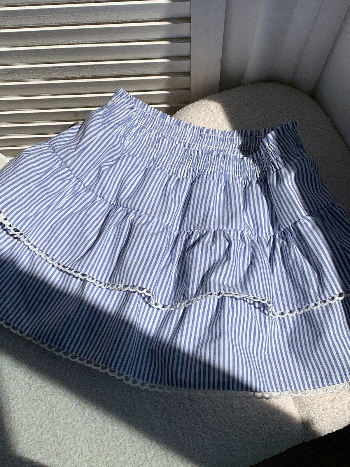 Comfortcana Women's A-Line Skirt, Blue And White Stripe Woven Fabric With Elastic Waist And Ruffle Hem, Suitable For Country Music Festival Beach Autumn Cute