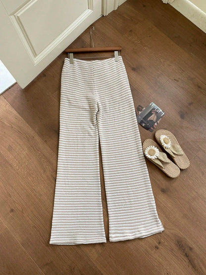 Comfortcana Women's Autumn Knit Striped Drawstring Waist Pockets Casual Pants,Perfect For Holiday Wear Beach Pink And White Striped