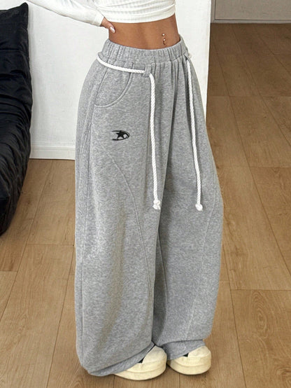 Coolane Women's Winter Grey Oversized Wide Leg Sweatpants,Streetwear Lounge Preppy French Casual Warm Comfortable Elastic Waistband Curved Hem Comfy Pants