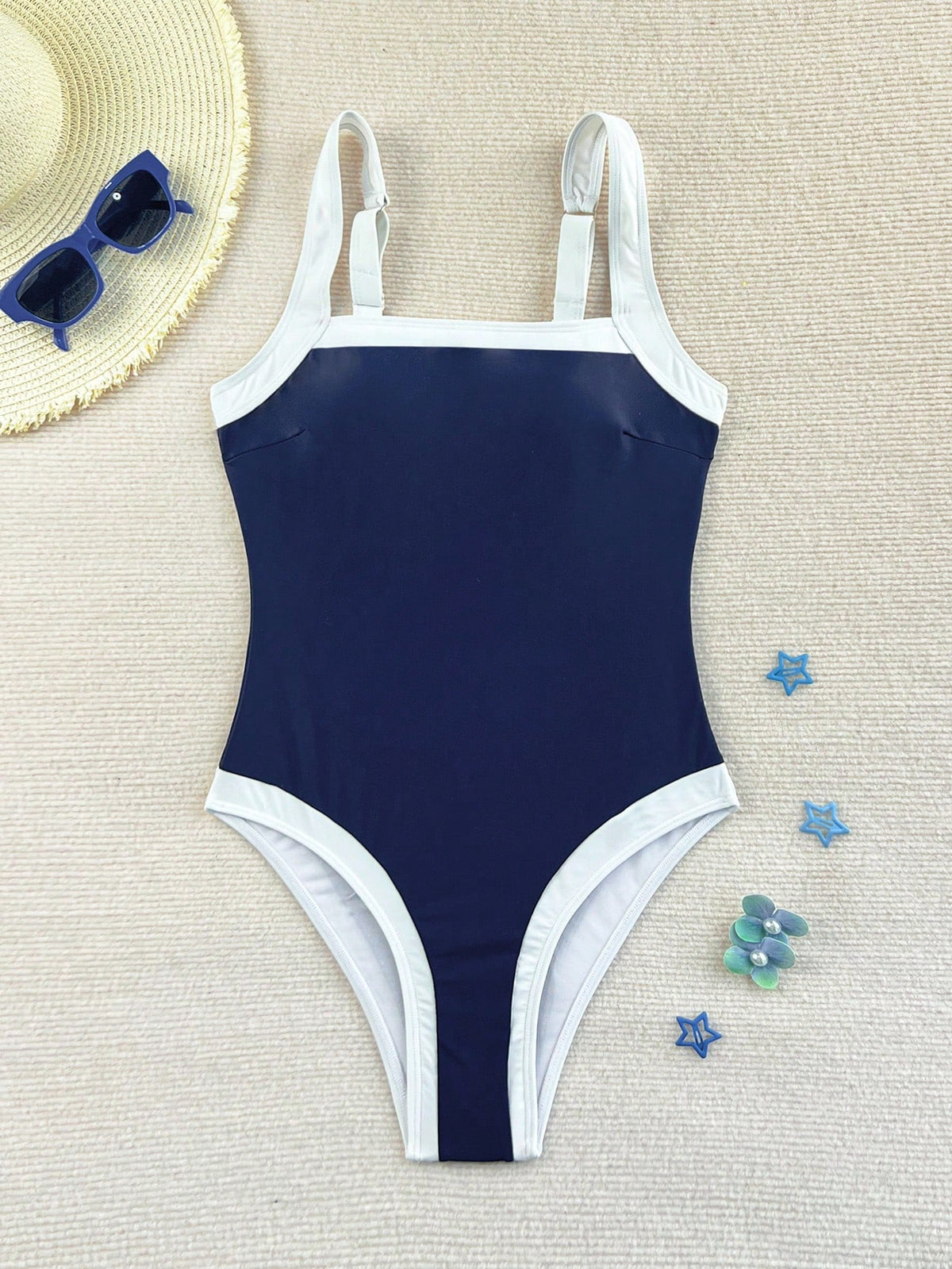 Costavie 2026 Spring/Summer Women's Thick Adjustable Shoulder Strap Navy Blue + White Color Block Elegant Slim Fit One-Piece Bikini Swimsuit