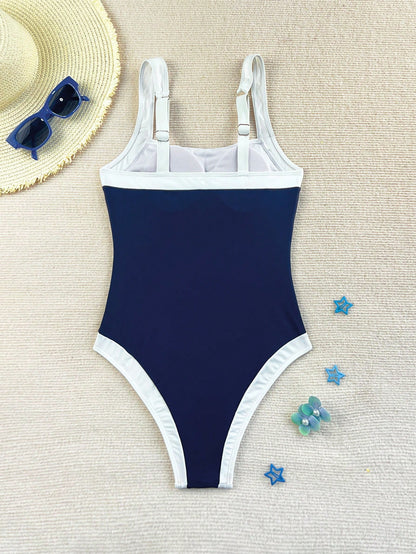 Costavie 2026 Spring/Summer Women's Thick Adjustable Shoulder Strap Navy Blue + White Color Block Elegant Slim Fit One-Piece Bikini Swimsuit
