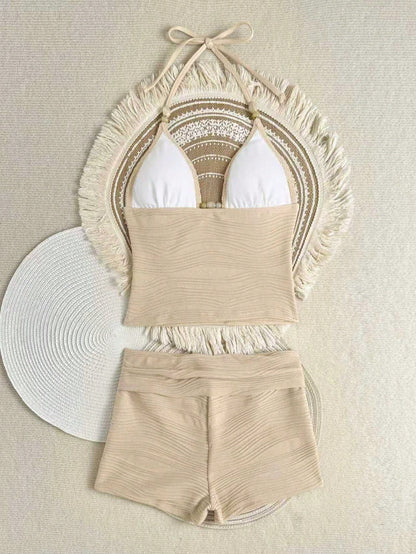 Costavie Women's Summer Beach Solid Color Halter Tankini Two-Piece Swimsuit Set