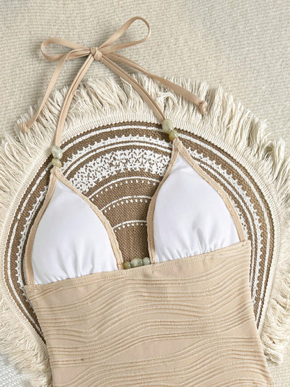Costavie Women's Summer Beach Solid Color Halter Tankini Two-Piece Swimsuit Set