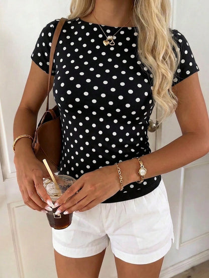 CovetEZ 95% Cotton Casual Minimalist Black And White Polka Dot Off-Shoulder Short Sleeve T-Shirt,Summer Top For City Break,Daily,Commute,,Y2K Style