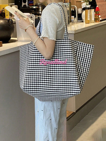 (Customized) Korean Style Summer Personalized Embroidered Letter Tote Bag, Large Capacity Canvas Commuter Shoulder Bag, For Outdoor Travel, Gift For Holidays, Graduation, Mother's Day, Souvenir, Craft