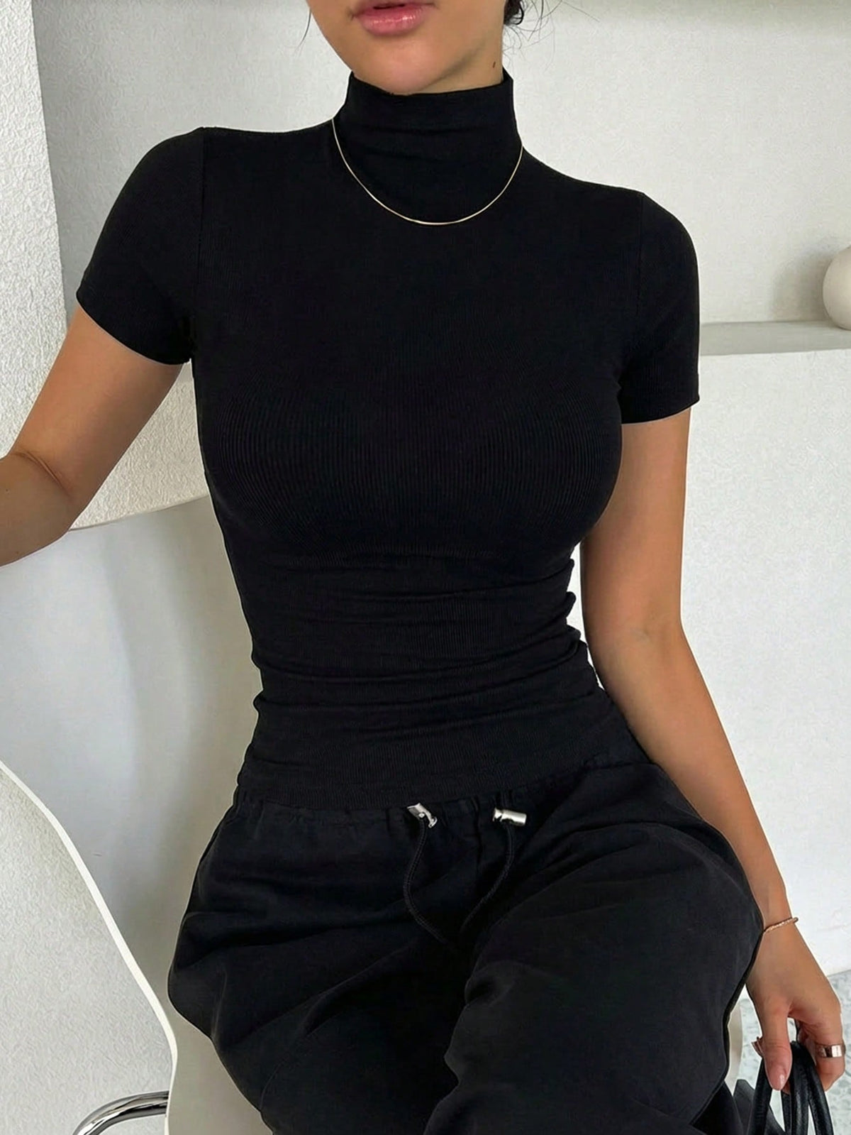Dazy Tall Tall Women's Stand Collar Casual Solid Color Fitted Short Sleeve Top Summer