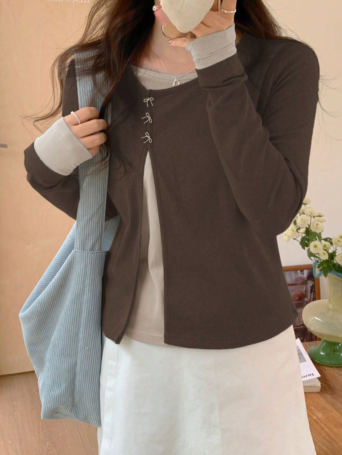 DAZY Women Contrast Color Long Sleeve 2 In 1 Diagonal Placket Round Neck Butterfly T-Shirt,Fall Clothes