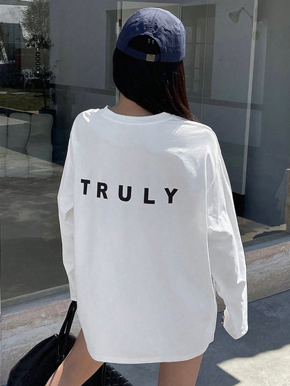 DAZY Women's Round Neck Drop Shoulder T-Shirt With Letter Print,Fall Clothes Long Sleeve Women Tops