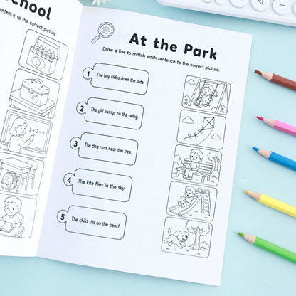 Detective Style Children's English Sentence Picture Matching Workbook, Kids English Short Sentence Picture Matching Reading Enlightenment Exercise Book, Back To School Learning Supplies, Holiday Sente