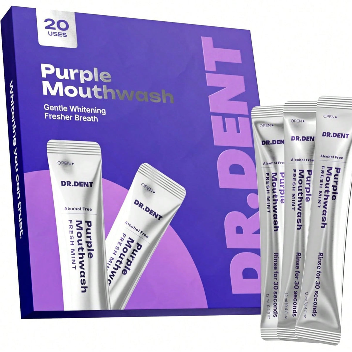 DR.DENT Purple Color Correcting Mouthwash 20PCS, Whitening Oral Rinse Pods With Fresh Mint Flavor, Alcohol-Free Formula For Fresh Breath Care, Vegan Teeth Brightening Daily Oral Care