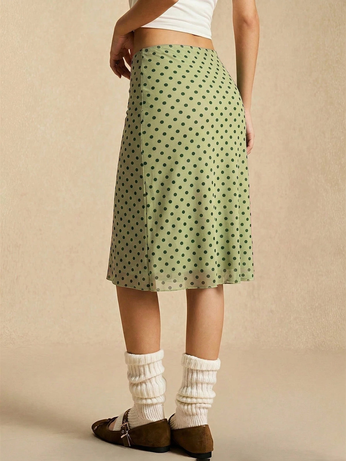 Easelle Green Polka Dot Mesh Skirt, Green Mesh, Retro Casual Style, Spring/Summer 2026
