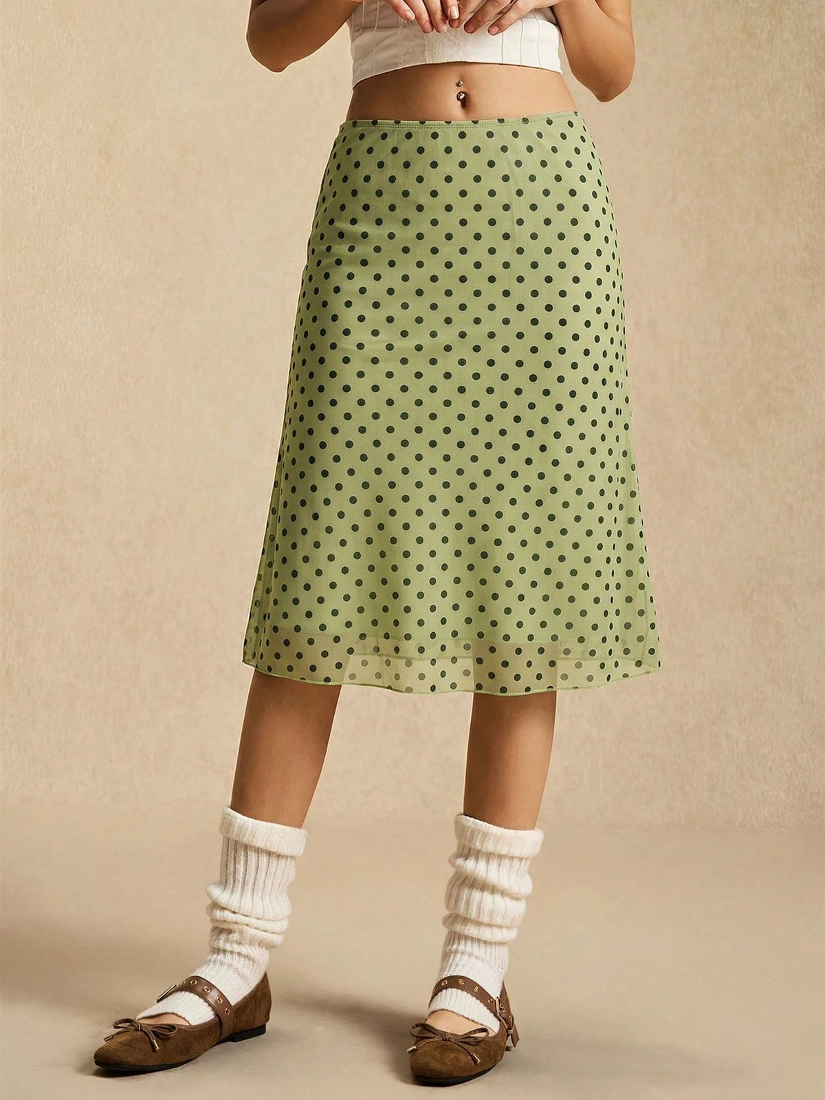 Easelle Green Polka Dot Mesh Skirt, Green Mesh, Retro Casual Style, Spring/Summer 2026