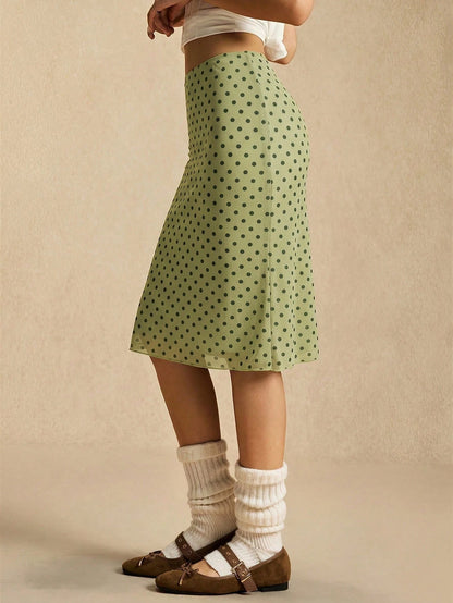 Easelle Green Polka Dot Mesh Skirt, Green Mesh, Retro Casual Style, Spring/Summer 2026