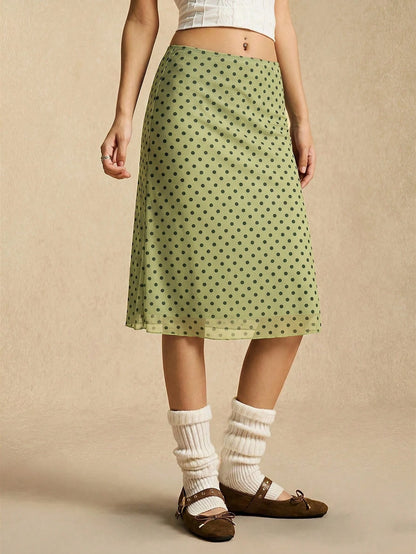 Easelle Green Polka Dot Mesh Skirt, Green Mesh, Retro Casual Style, Spring/Summer 2026