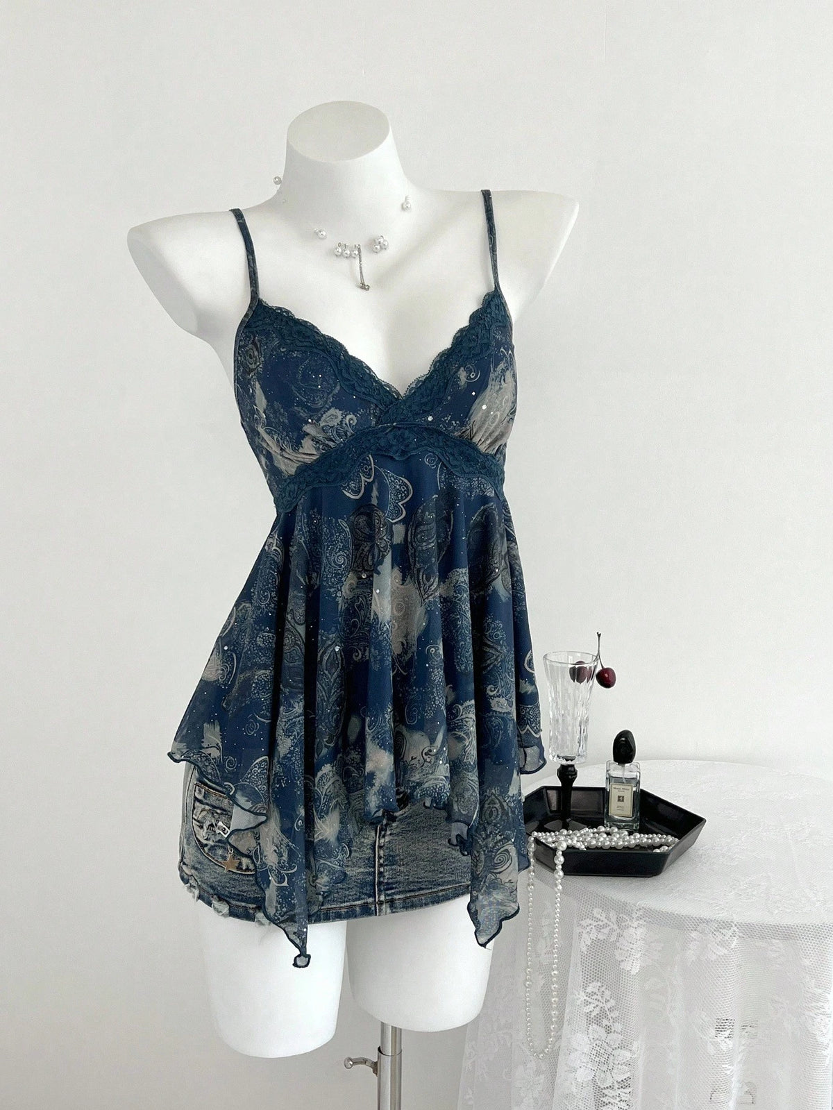 Elamini 1pc Navy Blue Vintage Perris Floral Sequin Asymmetric Hem Camisole Patchwork Y2K Casual Tank Top For Women, Spring/Summer