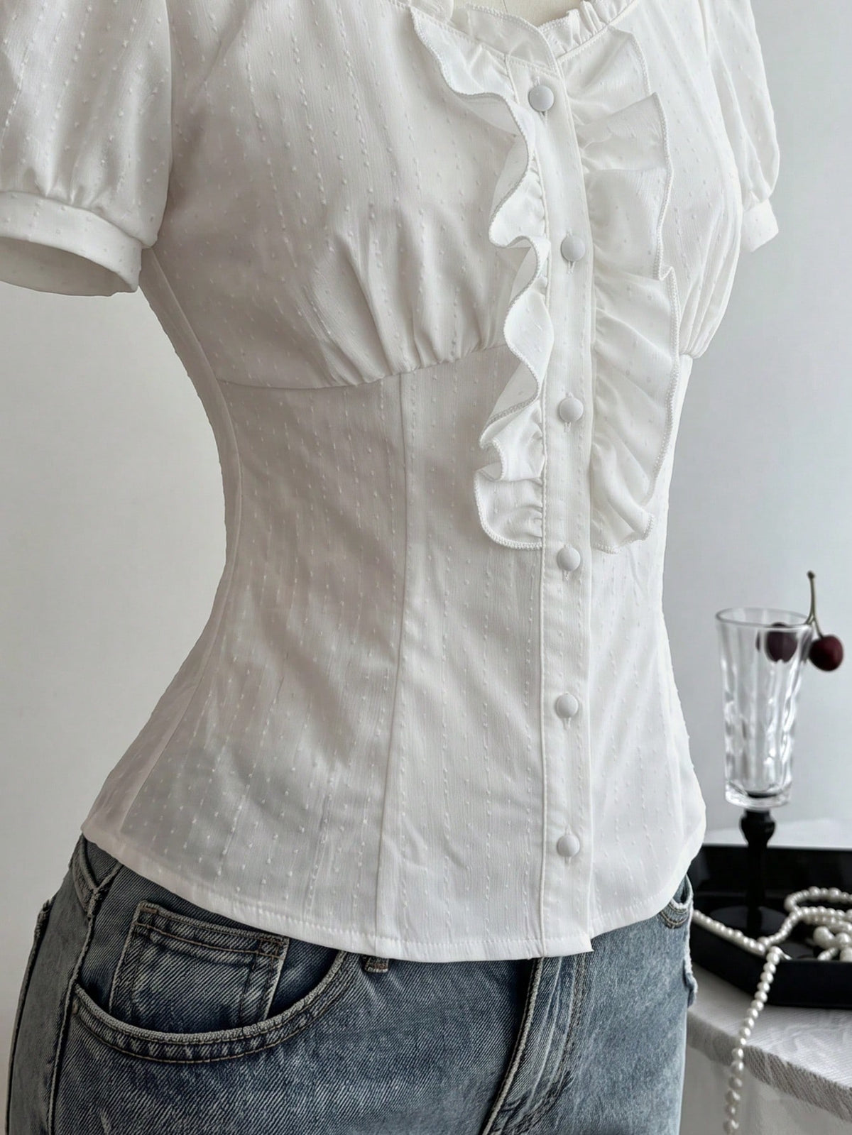 Elamini Women's Plain Color Frill Trim Short Puff Sleeve Single Breasted Blouse