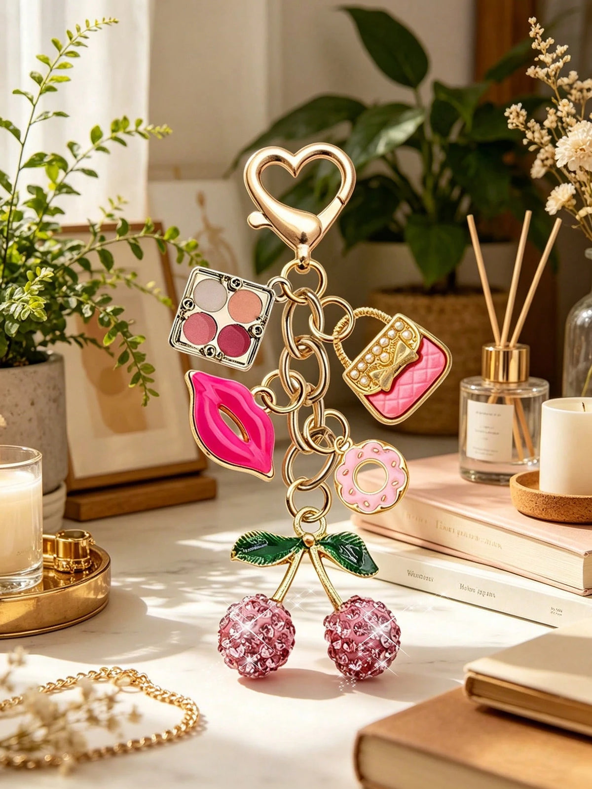 Elegant Rhinestone Cherry Pendant Keychain, Makeup Theme Pendant, Y2K Style, With Cute Pink Cherry, Lipstick, Eyeshadow Palette And Donut Design, Summer Pink, Suitable For Backpack, Handbag, Wallet, B