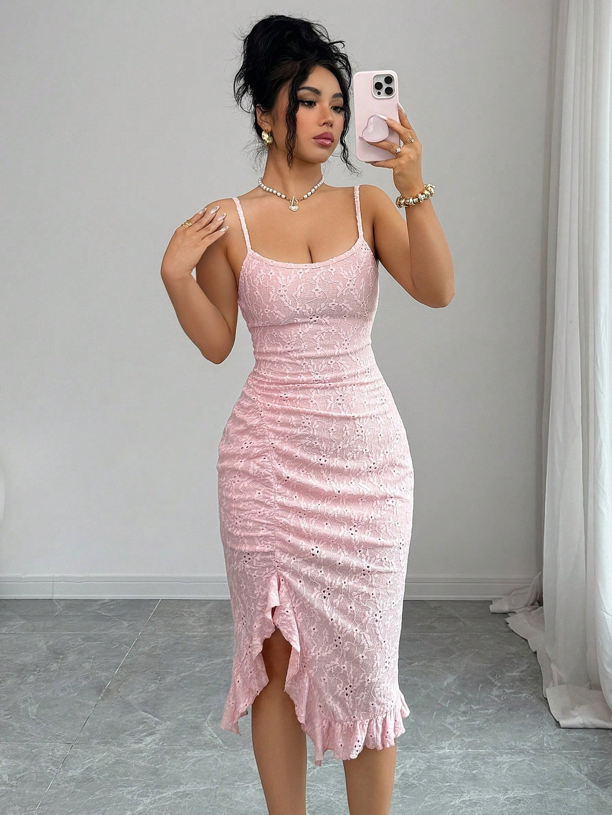 Elenzga New Arrival Elegant Sexy French Style Textured Jacquard Design Spaghetti Strap Backless Fitted Bodycon Mini Dress With Frill Trim For Women